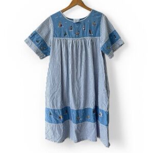 National Sailboat Embroidered Seersucker Dress 100% Cotton Blue Stripe XL